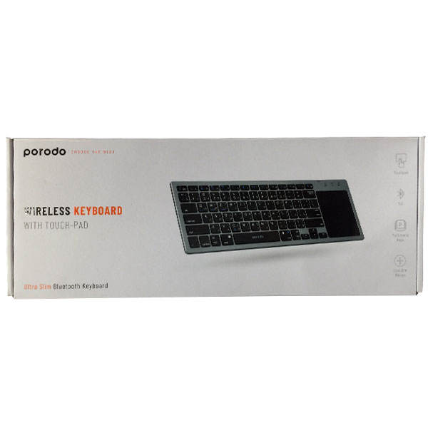 Porodo Super Slim and Portable Bluetooth Keyboard with touch-pad gray (English/Arabic) - كيبورد لوحة مفاتيح + قاعده ماوس تاتش- بلوتوث وايرلس - لجميع اجهزة الايباد والتابلت والاجهزة اللوحية
