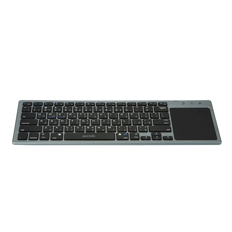 Porodo Super Slim and Portable Bluetooth Keyboard with touch-pad gray (English/Arabic) - كيبورد لوحة مفاتيح + قاعده ماوس تاتش- بلوتوث وايرلس - لجميع اجهزة الايباد والتابلت والاجهزة اللوحية
