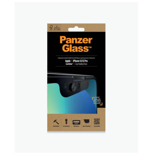 PanzerGlass CF Camslider, Black AB iPhone 14/13/13 Pro - حماية شاشة شفافة كاملة لجميع اطراف الجهاز - مع غطاء للكاميرا - بانزر جلاس - ايفون 13 - ايفون 13 برو